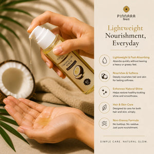 Coconut oil serum bottle being held with a hand, coconut half, and towel in the background, Pinnara brand visible.