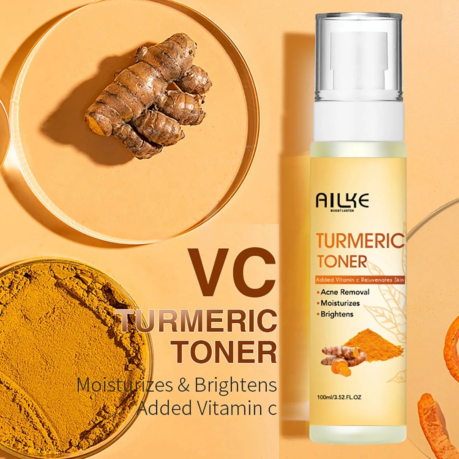 AILKE Organic Turmeric Vitamin C Facial Essence Toner – Anti-Acne, Brightening & Hydrating (100ml) wellvy wellness store