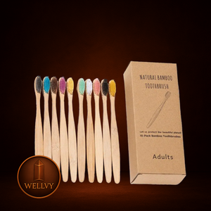 Set of bamboo toothbrushes with a cardboard box on a dark background, featuring the Welly brand.