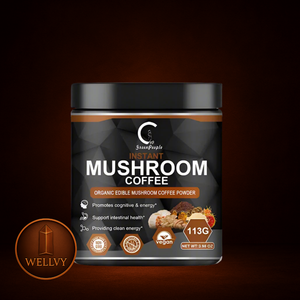 Container of Instant Mushroom Coffee with Welly logo on a dark background
