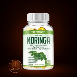Bottle of Xemenry Moringa leaf powder capsules on a dark background