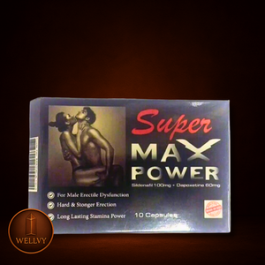 Super Max Power supplement packaging on a dark background