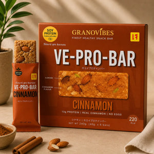 Granovibes VE-Pro-Bar cinnamon flavor snack bar packaging on a neutral background