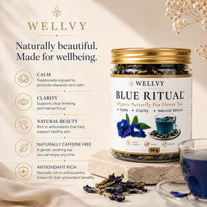Wellyv Blue Ritual tea packaging with tea leaves and a cup of tea on a neutral background