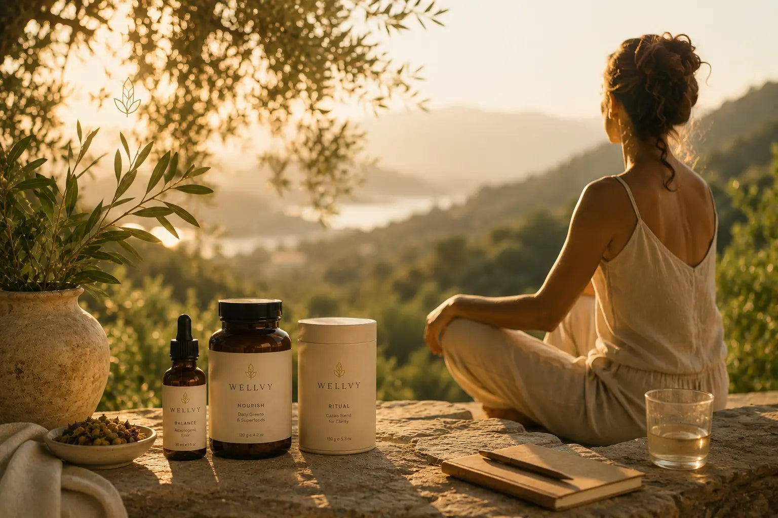 Woman sitting on a cliff overlooking a scenic landscape with wellness products on a table.