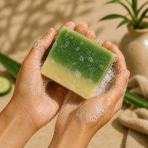 Hand holding a green bar of soap with a plant and cucumber in the background