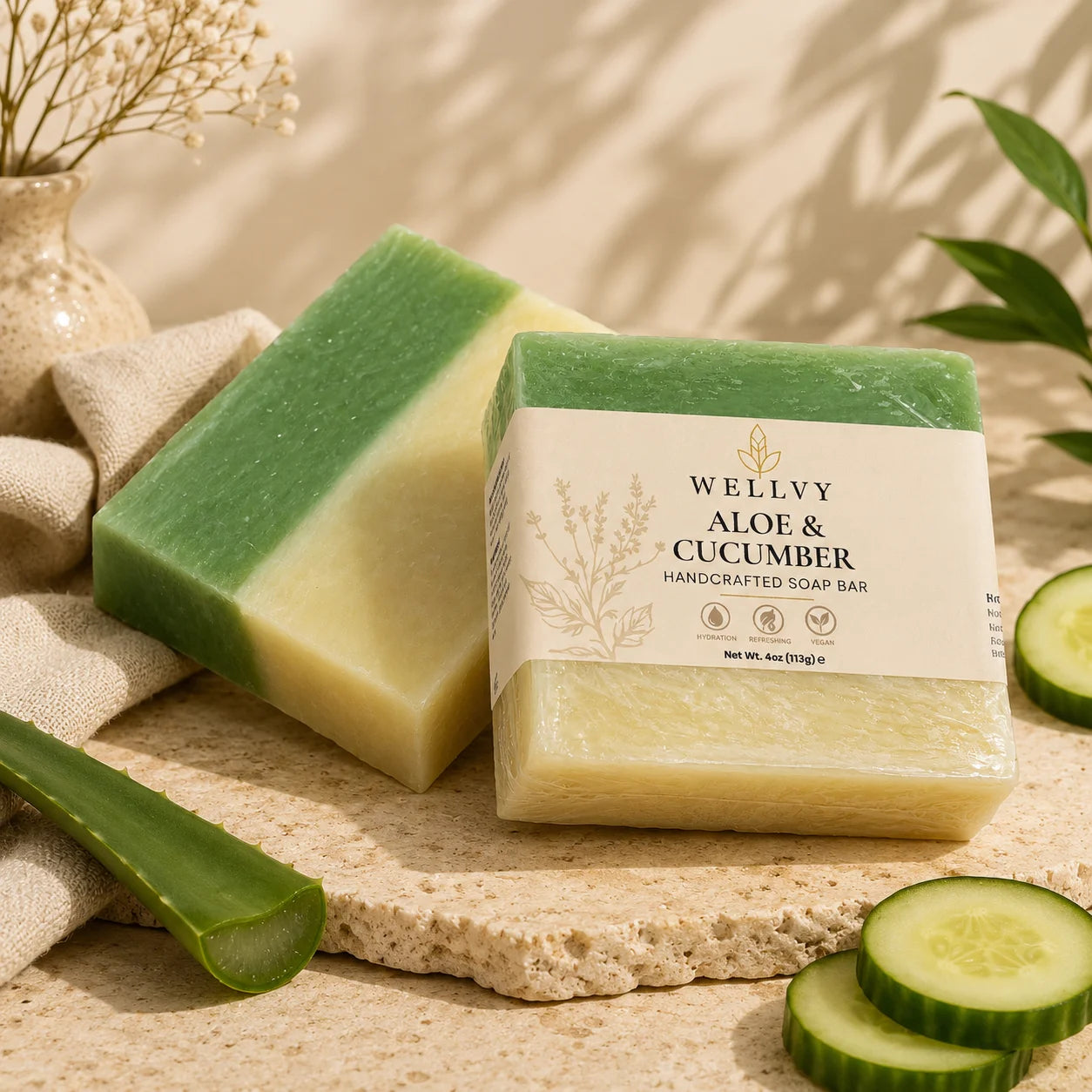 Green soap bar with packaging labeled 'Wellyv Aloe & Cucumber' on a stone surface with a natural background.