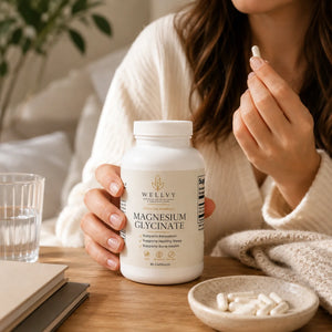 Woman holding a bottle of Wellyv Magnesium Glycinate supplement with a bowl of capsules on a wooden table.