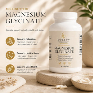 Wellvy Magnesium Glycinate supplement bottle with benefits listed on a wooden surface.