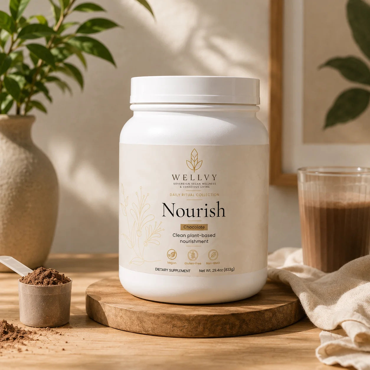 White supplement container labeled 'Nourish' by WELLVY on a wooden surface with plants and a glass in the background.