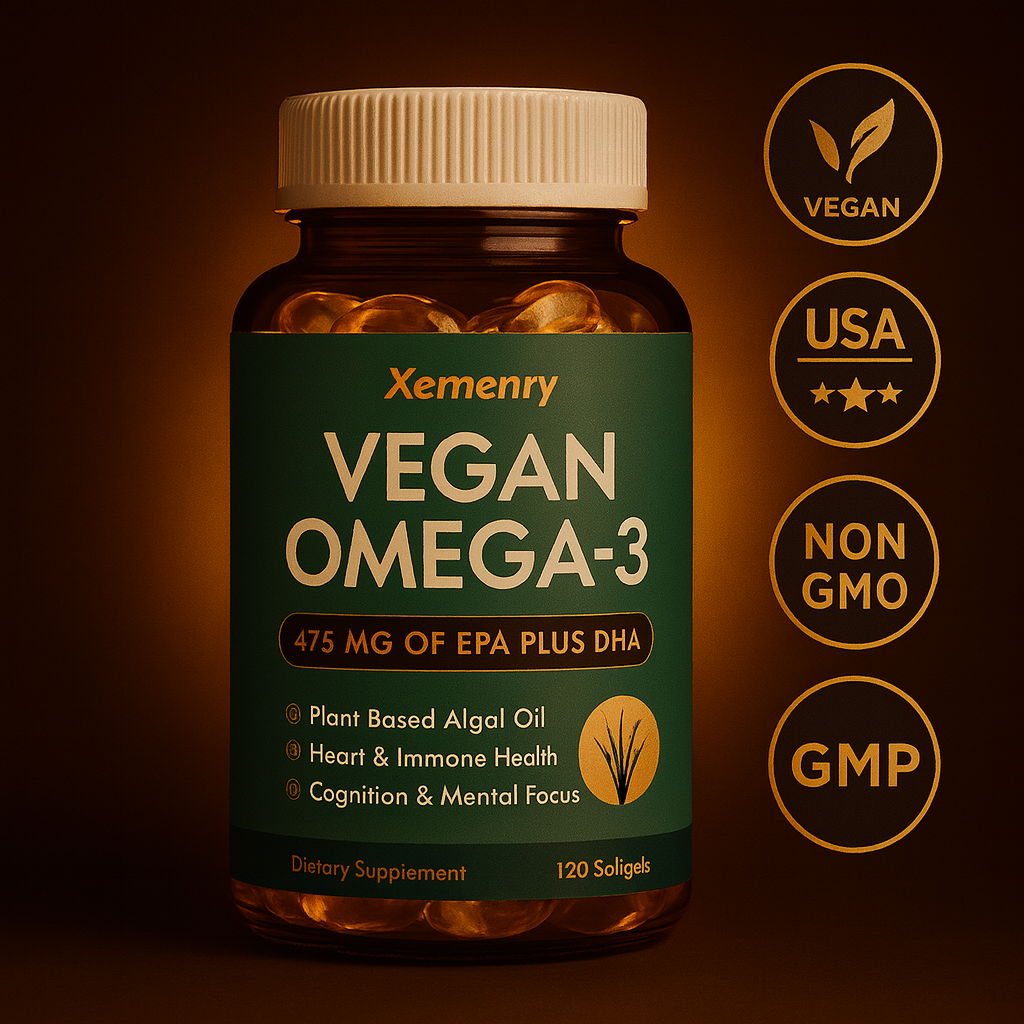 Bottle of Xemenry Vegan Omega-3 supplement with certification icons on a dark background