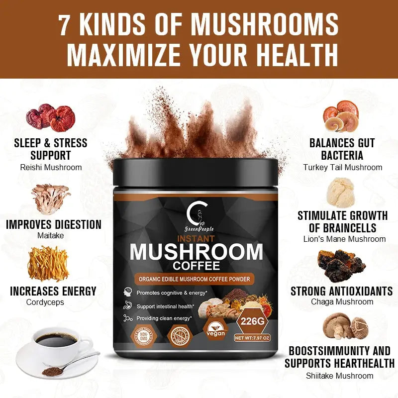 Vegan Mushroom Coffee Supplement | 7 Mushroom Blend with Lion's Mane & Cordyceps | Focus, Energy & Immunity Boost