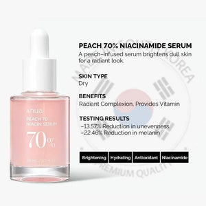 ANUA Peach 70 Niacinamide Serum – Brightening & Hydrating Vegan Face Serum (30ml) | 10% Niacinamide + Vitamin B3 | Korean Skincare for Radiant Skin