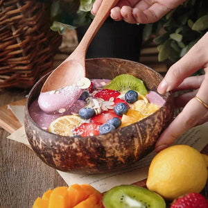 Eco-Friendly Coconut Bowl Set – 2 Handmade Coconut Bowls & 2 Wooden Spoons | Natural, Sustainable, Vegan Tableware for Salads, Smoothie Bowls & More