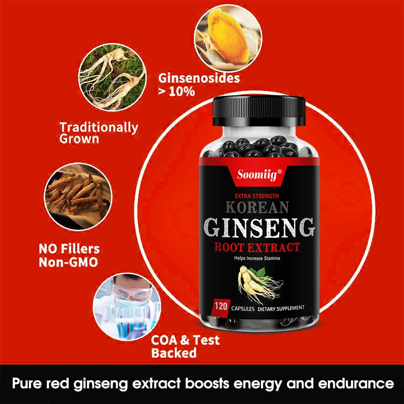 Vegan Korean Ginseng Supplement – 120 Capsules for Energy, Focus, Memory, Performance & Immune Support