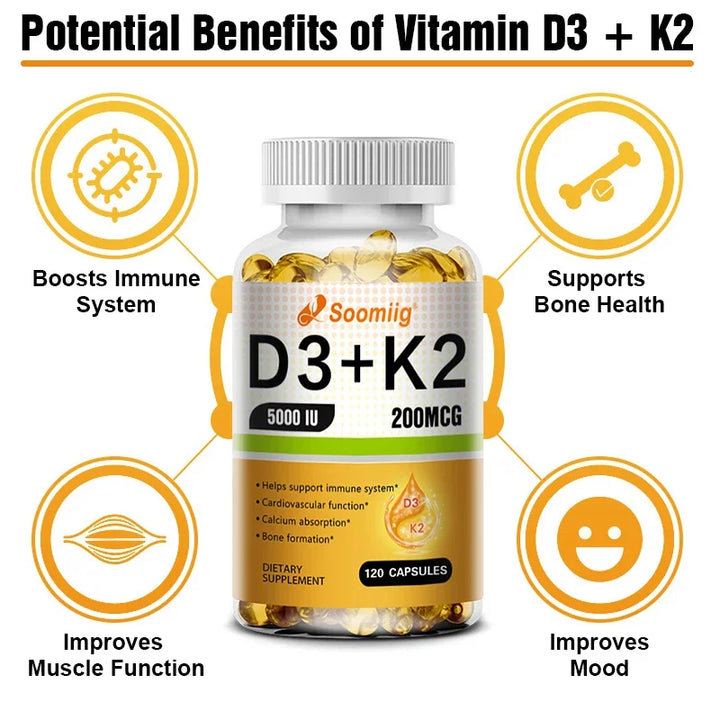 SOOMIIG Vitamin D3 5000IU + Vitamin K2 (MK-7) Capsules: Bone & Immune Support - wellvy wellness store