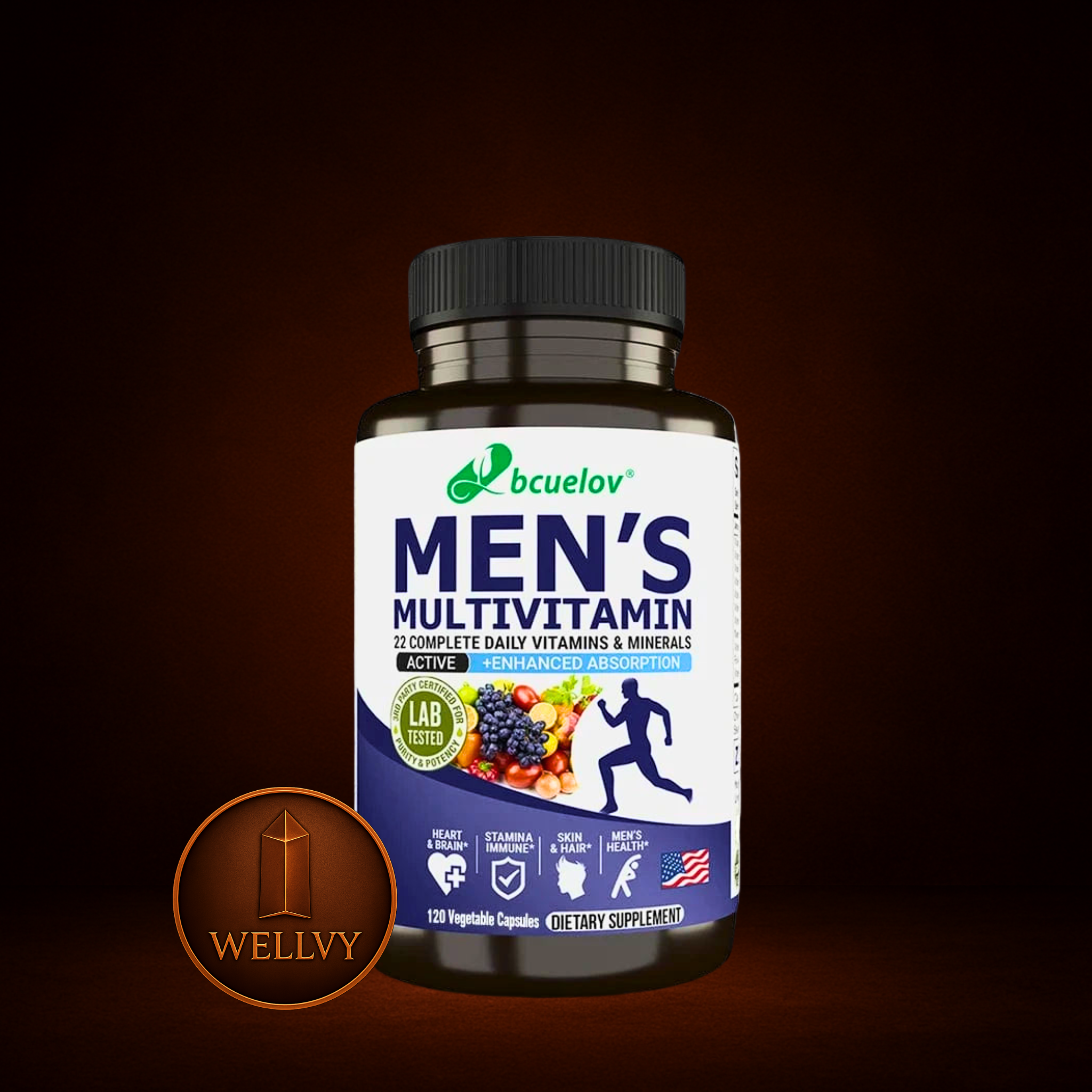 Men's multivitamin supplement bottle with label on a dark background