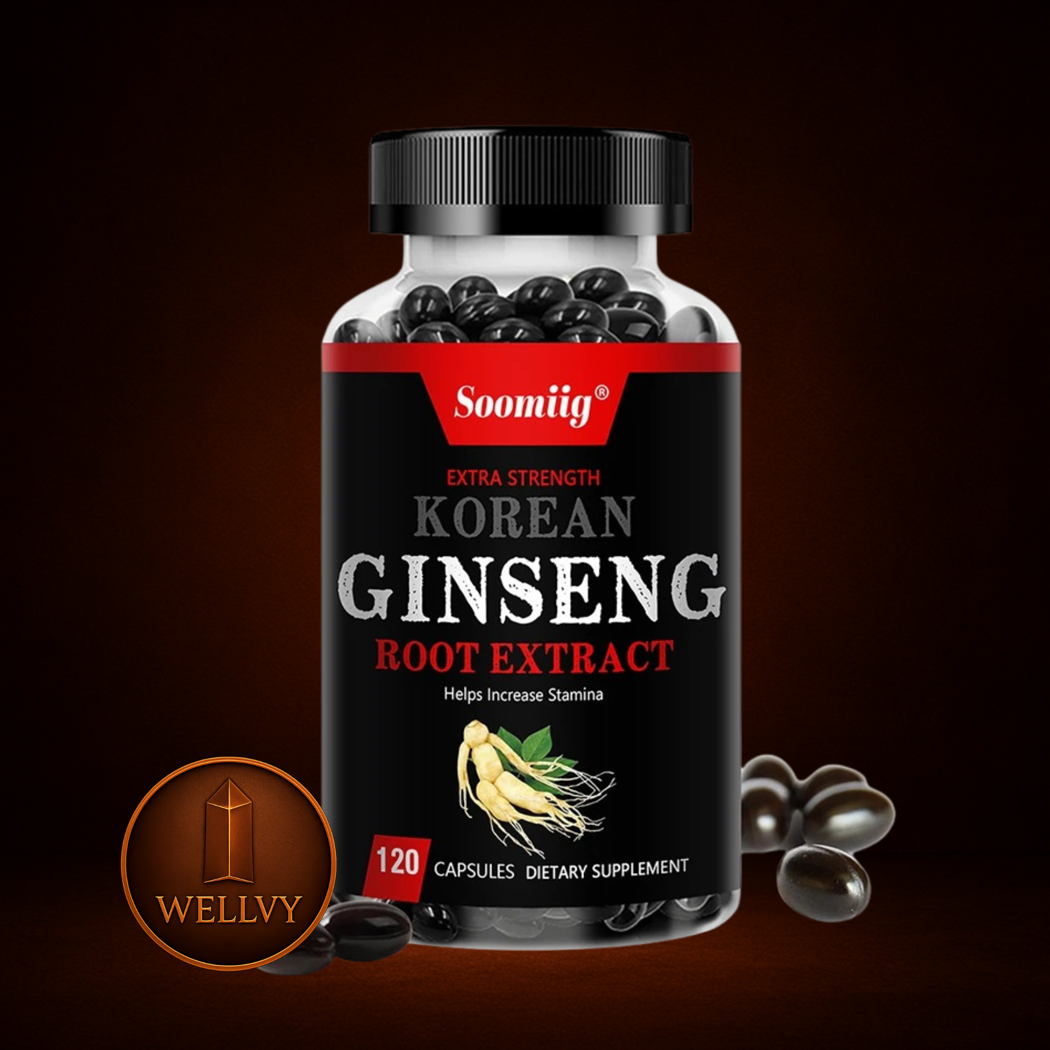 Bottle of Soomiiig Korean Ginseng Root Extract on a dark background