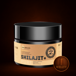 Jar of Shilajit supplement with RahuRula branding on a dark background