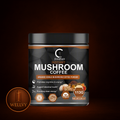 Container of Instant Mushroom Coffee with Welly logo on a dark background