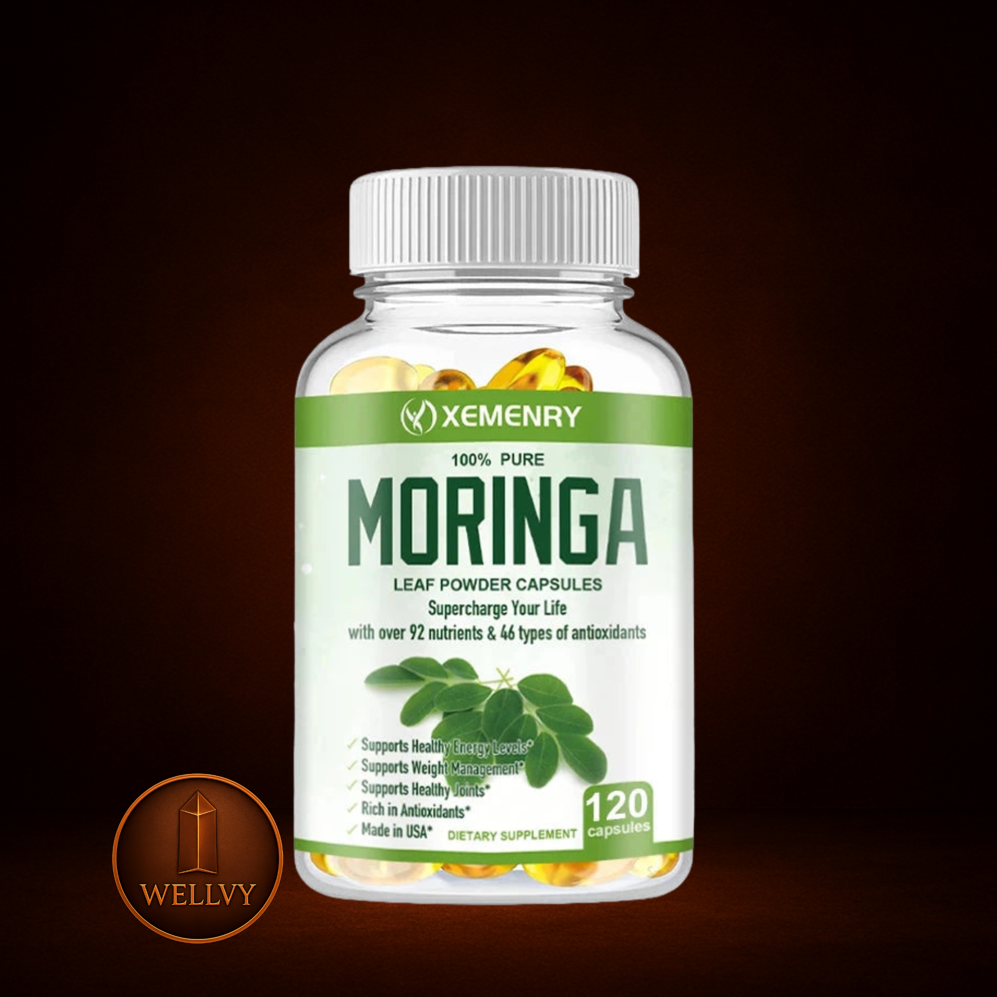 Bottle of Xemenry Moringa leaf powder capsules on a dark background