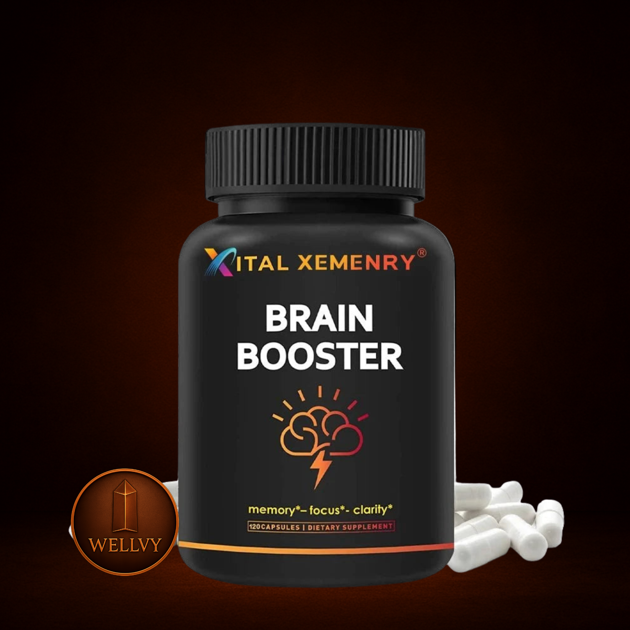 Black bottle of Ital Xemenry Brain Booster with white pills on a dark background