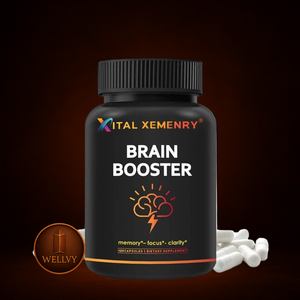 Black bottle of Ital Xemenry Brain Booster with white pills on a dark background