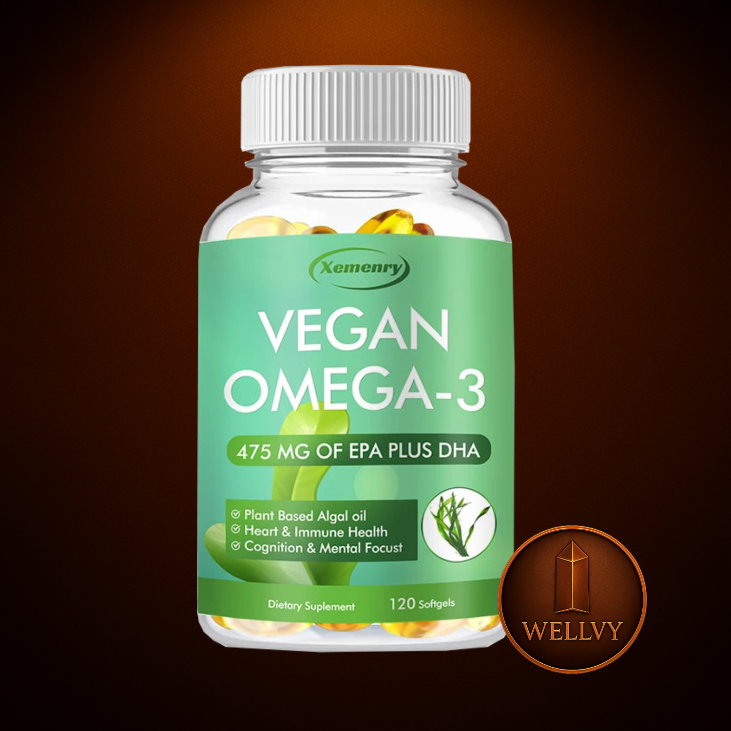 Vegan Omega-3 supplement bottle with green label on a brown background