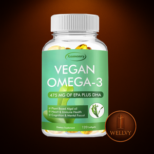 Vegan Omega-3 supplement bottle with green label on a brown background