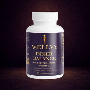 Bottle of Wellyy Inner Balance digestive support formula on a dark background