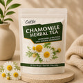 Catfit chamomile herbal tea package with flowers on a wooden stand