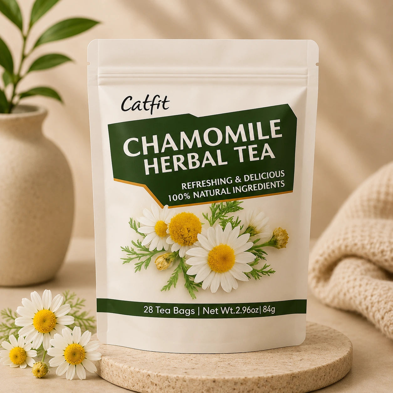 Catfit chamomile herbal tea package with flowers on a wooden stand