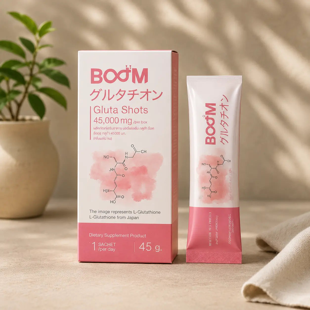 BOD-M Gluta Shots packaging on a neutral background with a plant