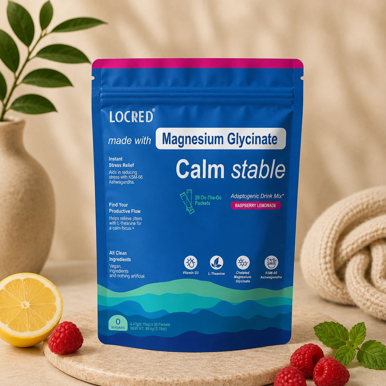 LOCRED magnesium glycinate supplement package with lemon, raspberry, and towel in the background