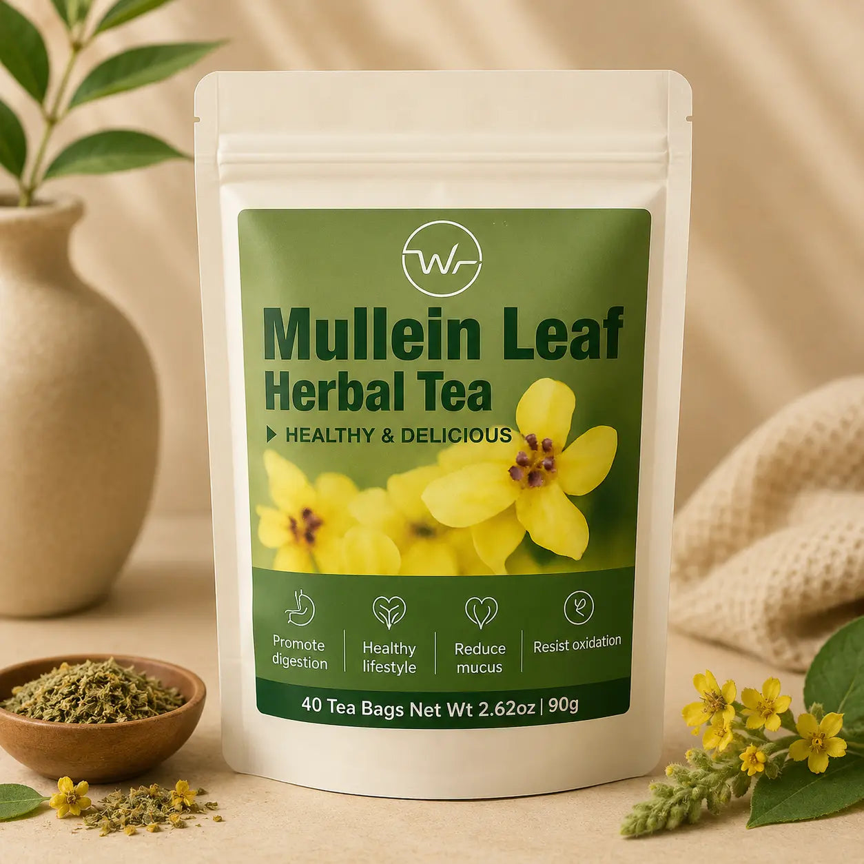 Packaging of Mullein Leaf Herbal Tea with tea leaves and flowers on a neutral background