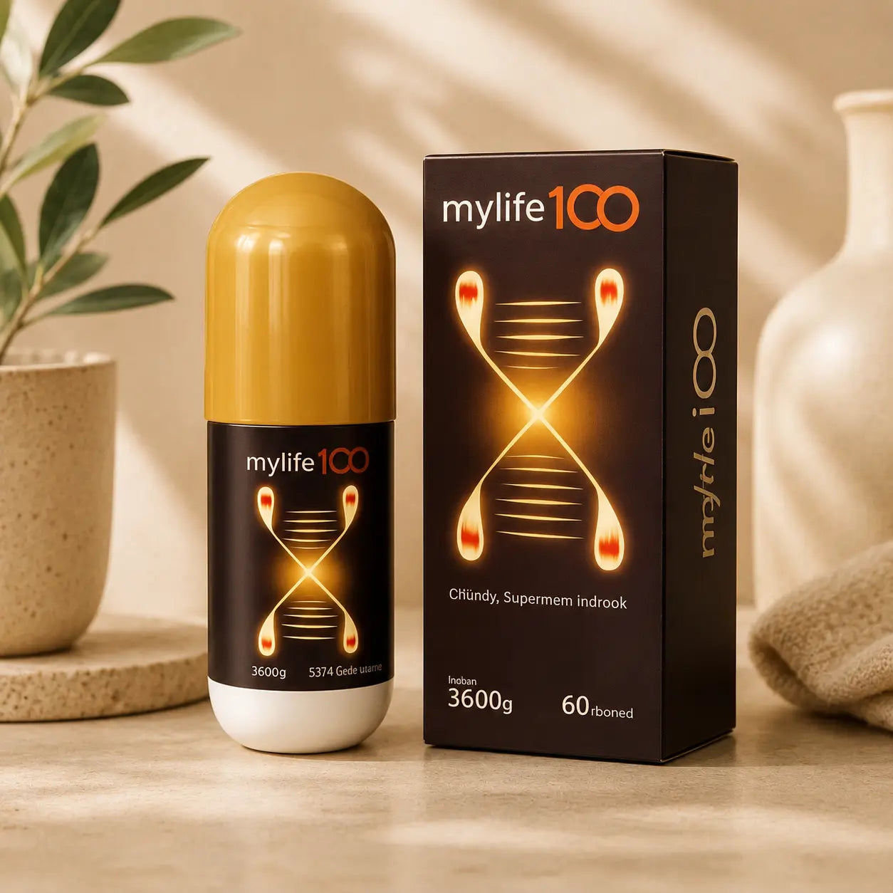 mylife100 product packaging including a bottle and box on a wooden surface with a plant in the background.