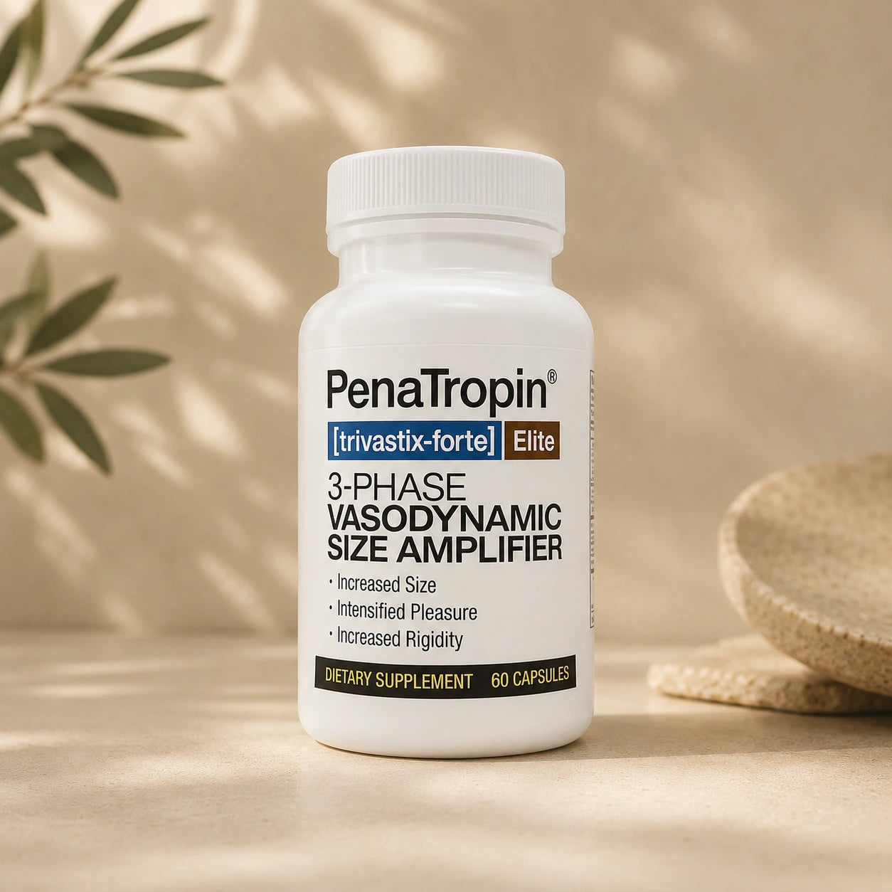 PenaTropin dietary supplement bottle on a beige background with plants.