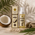 Pinnara coconut oil serum with packaging and a coconut on a natural background