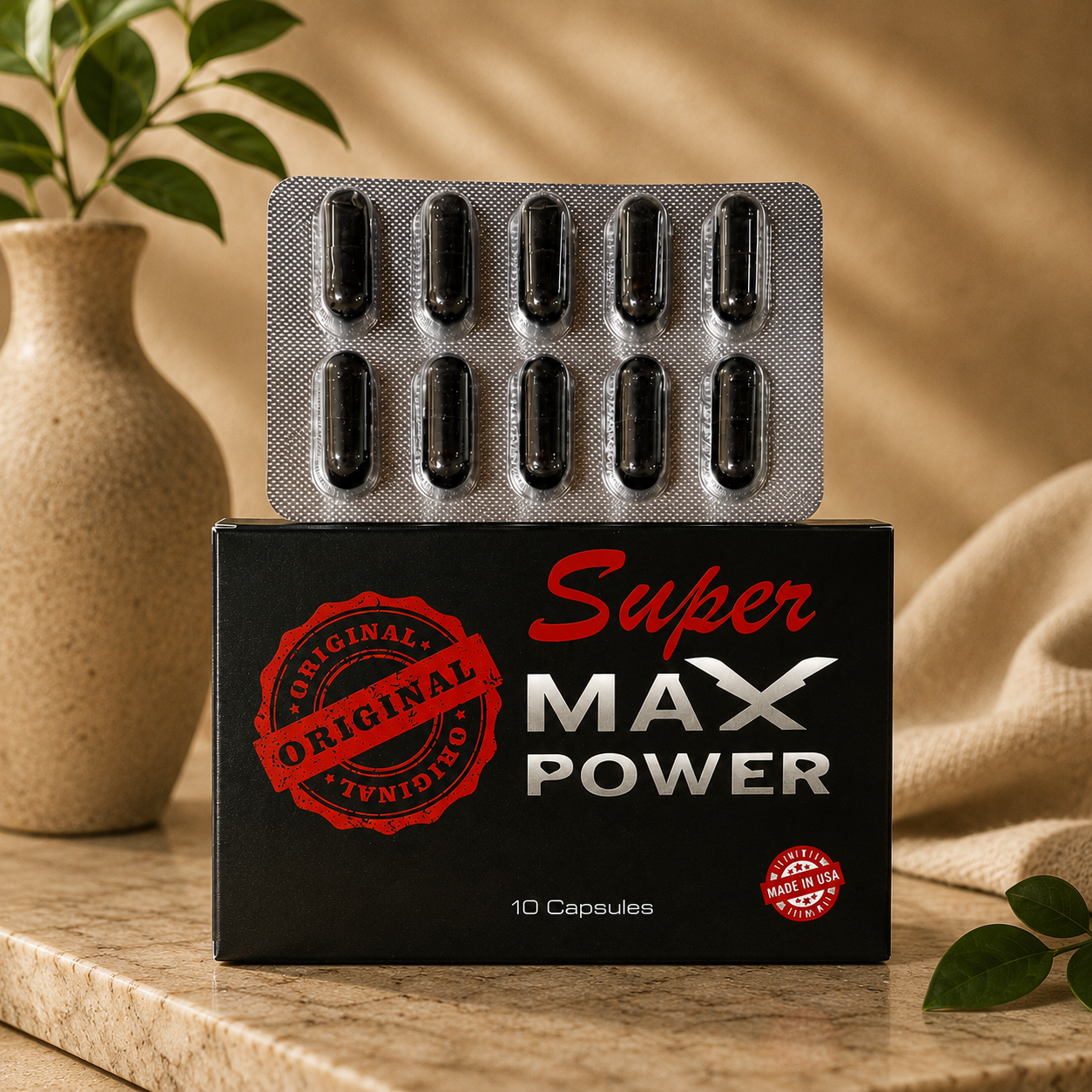 Super Max Power supplement packaging with capsules on a wooden surface.