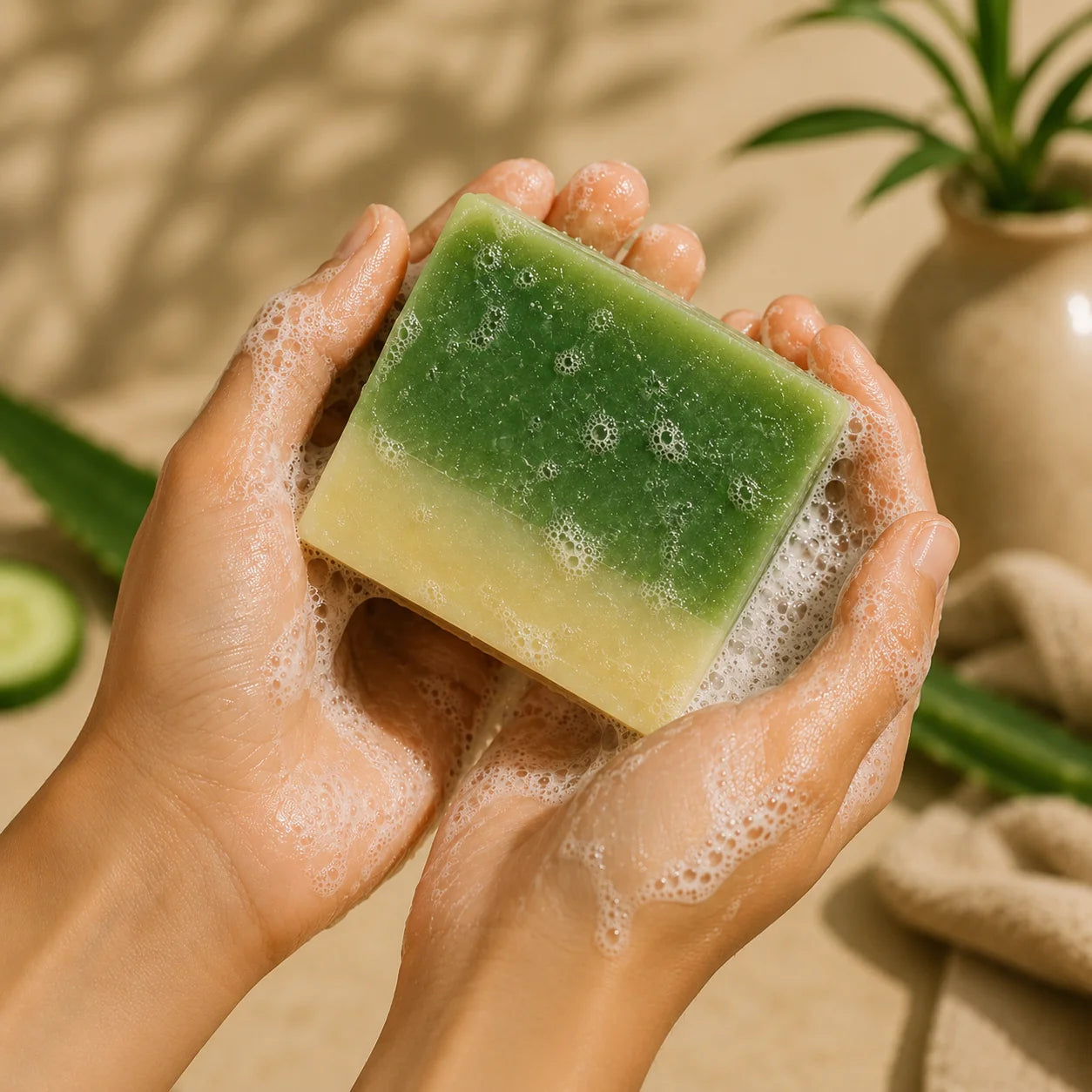Hand holding a green bar of soap with a plant and cucumber in the background