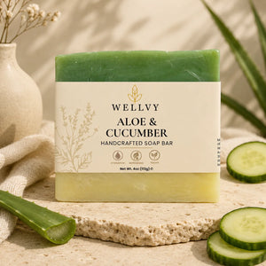 Welly Aloe & Cucumber soap bar with aloe vera leaf and cucumber slices on a natural background
