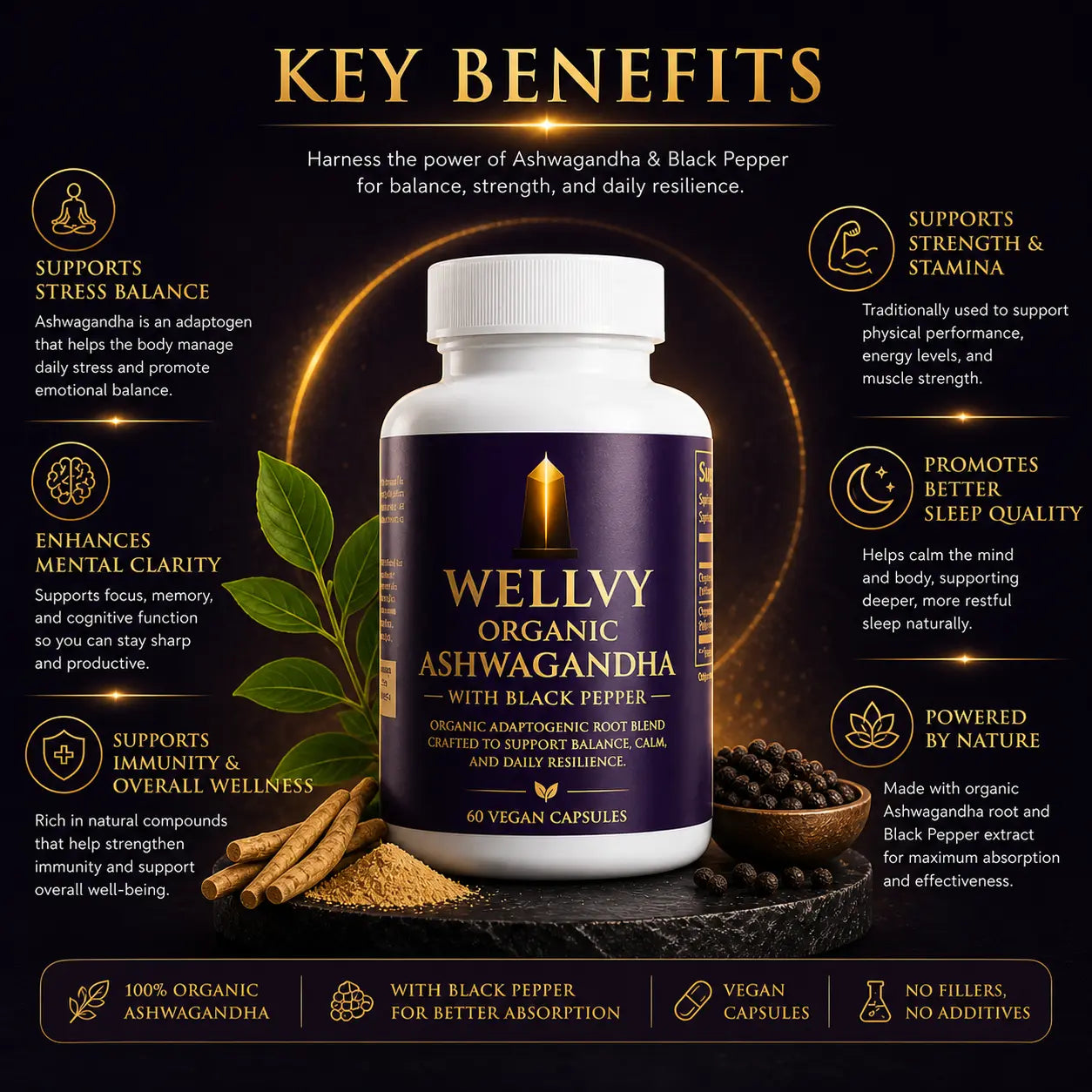 Wellvy Organic Ashwagandha with Black Pepper supplement bottle on a dark background with key benefits listed.