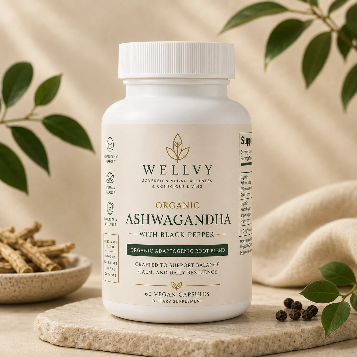 Wellvy Organic Ashwagandha supplement bottle on a neutral background with leaves.