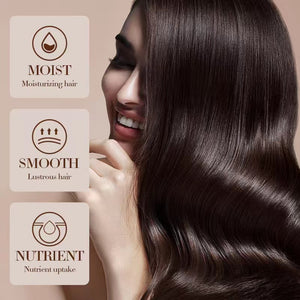 Woman with long, healthy hair with 'Moist', 'Smooth', and 'Nutrient' text overlay on a beige background