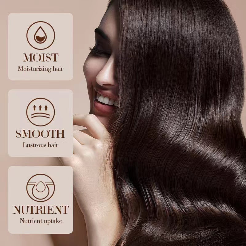 Woman with long, healthy hair with 'Moist', 'Smooth', and 'Nutrient' text overlay on a beige background