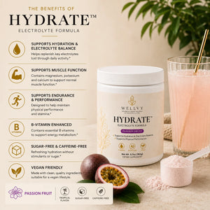 Wellvy Hydrate electrolyte formula with benefits listed on a neutral background