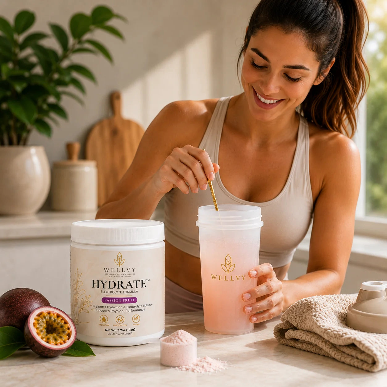 Woman stirring a drink with Wellyv Hydrate supplement on a table.