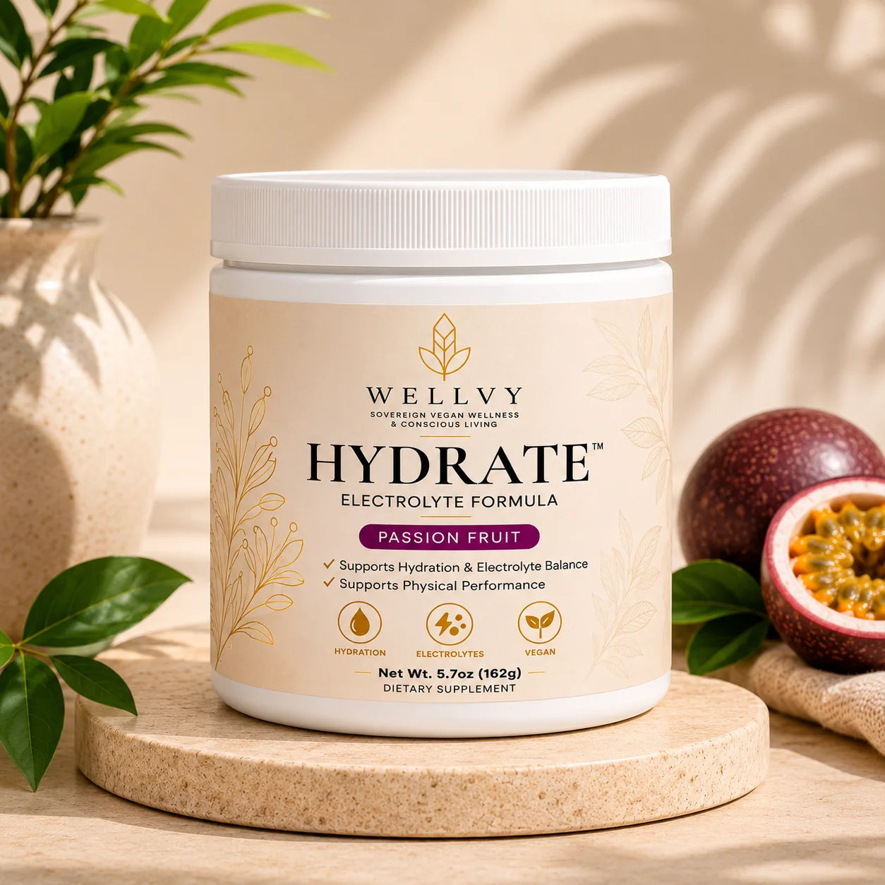 Welly Hydrate electrolyte formula container with passion fruit on a wooden surface