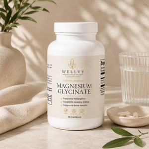 Wellvy Magnesium Glycinate supplement bottle on a wooden surface with a glass of water and leaves in the background.