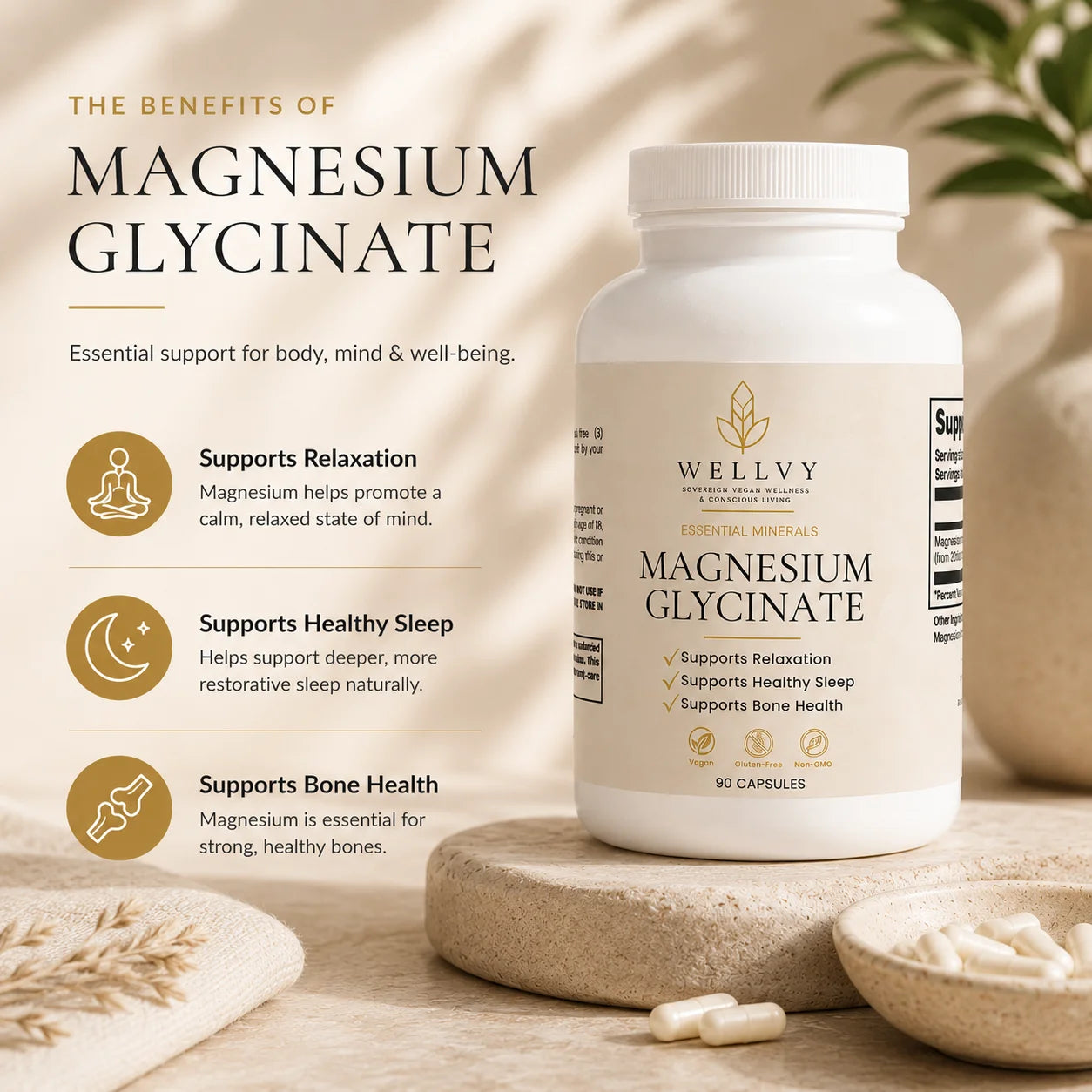 Wellvy Magnesium Glycinate supplement bottle with benefits listed on a wooden surface.